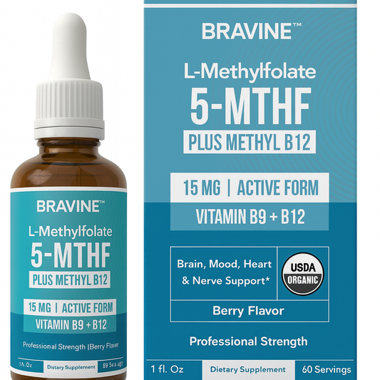 Bravine 5-MTHF Drops - Methylated Folate 15mg + B12 for Brain Fog & Mental Clarity